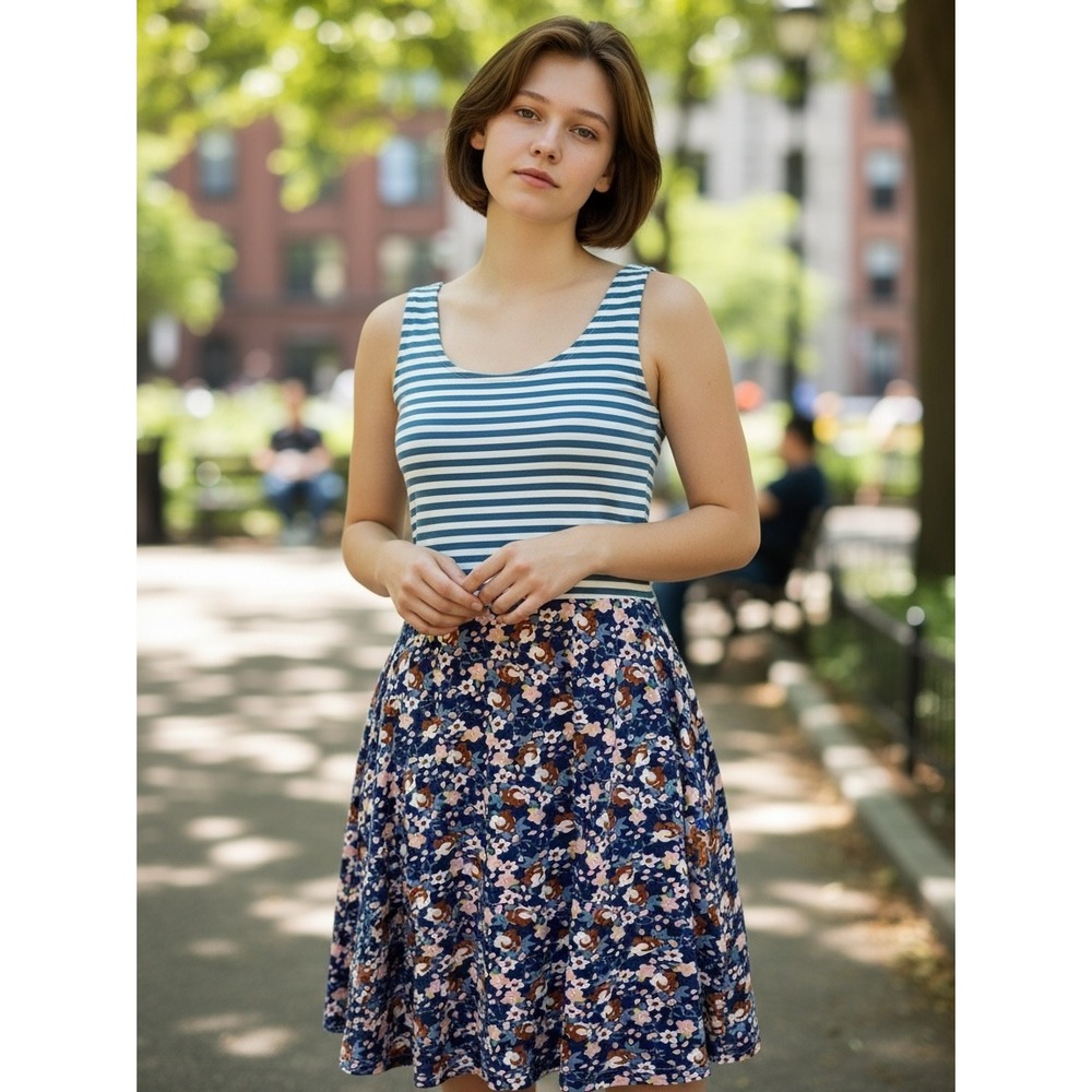 PACT Fit & Flare Dress Sz‎ S Stripe Floral Organic Back to School Casual Cottage